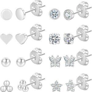 8 Pairs Sterling Silver Gold Plated Cubic Zirconia Stud Earrings for Women